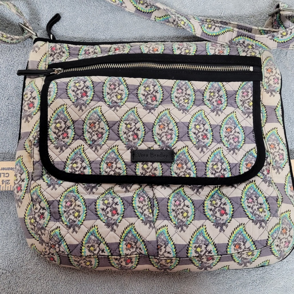 Vera Bradley Iconic Messenger Bag Quilted Cotton Crossbody Geometric Leaf Grey